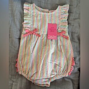 Rufflebutts rainbow striped romper